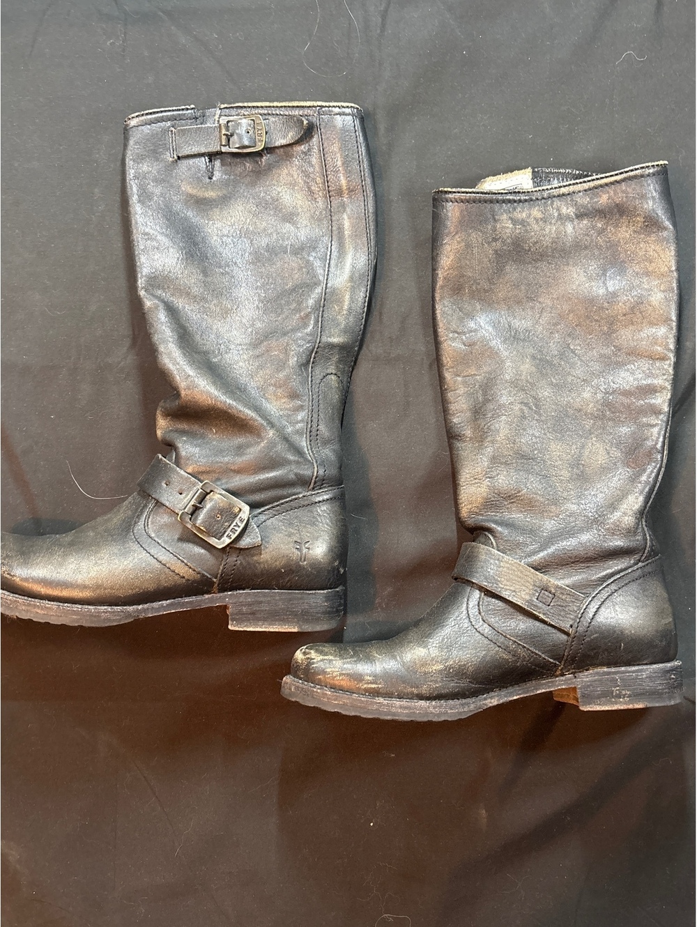 Title: Frye Veronica Tall Slouch Black Leather Moto Boots Distressed Buckle